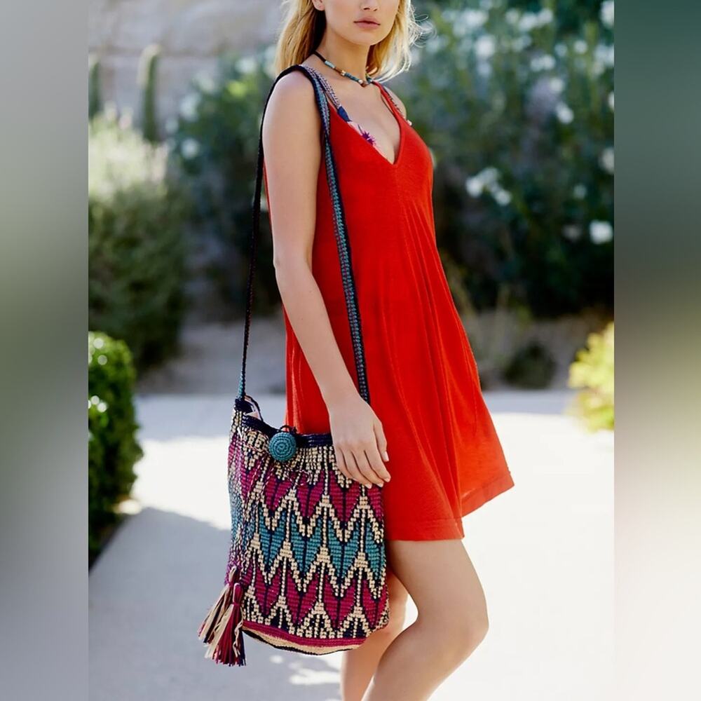 Free People Clover Drawstring Straw Woven Bucket Bag Colorful Boho